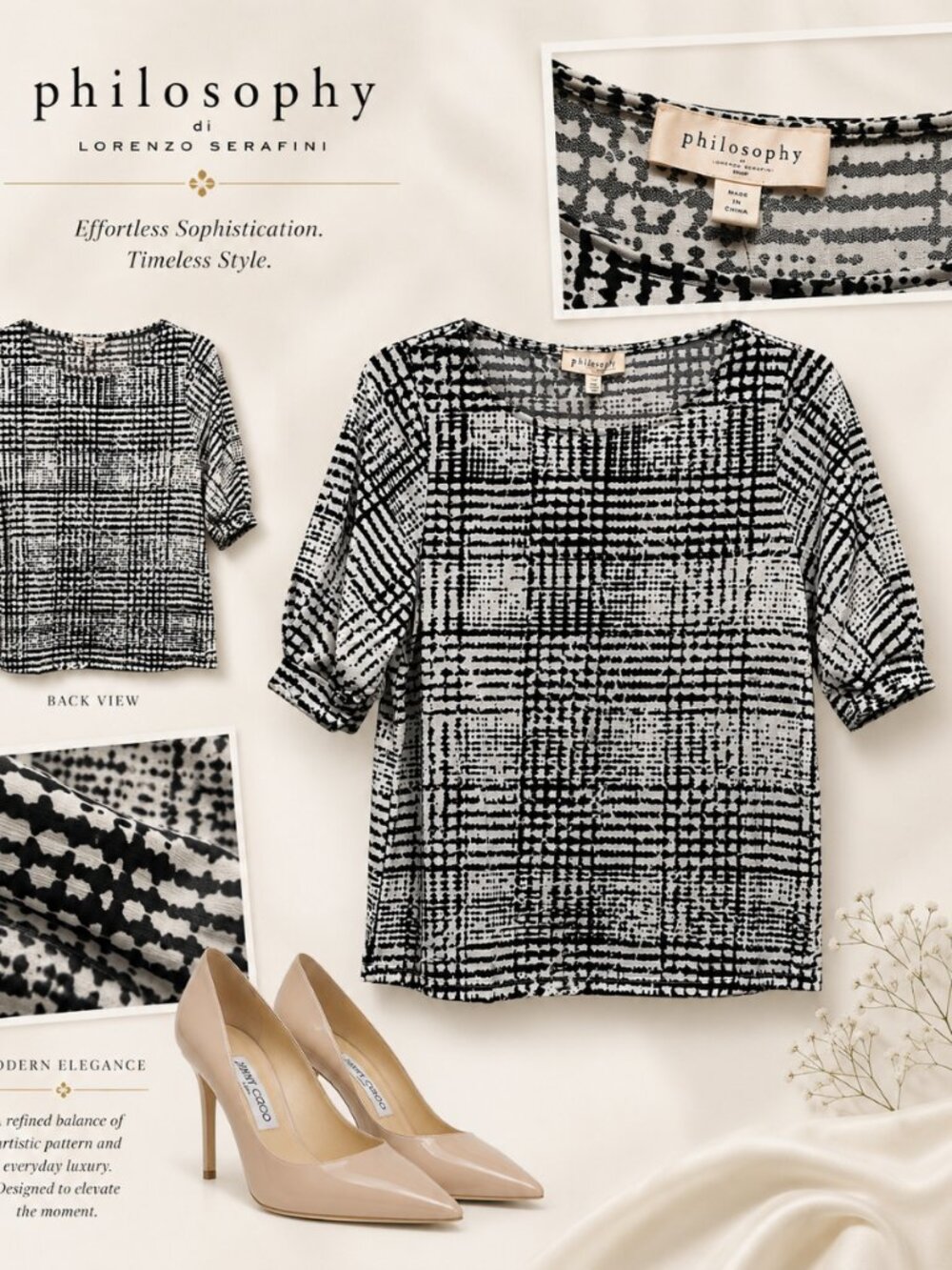 Philosophy Black White Geometric Print Puff Sleeve Top S M L NWT
